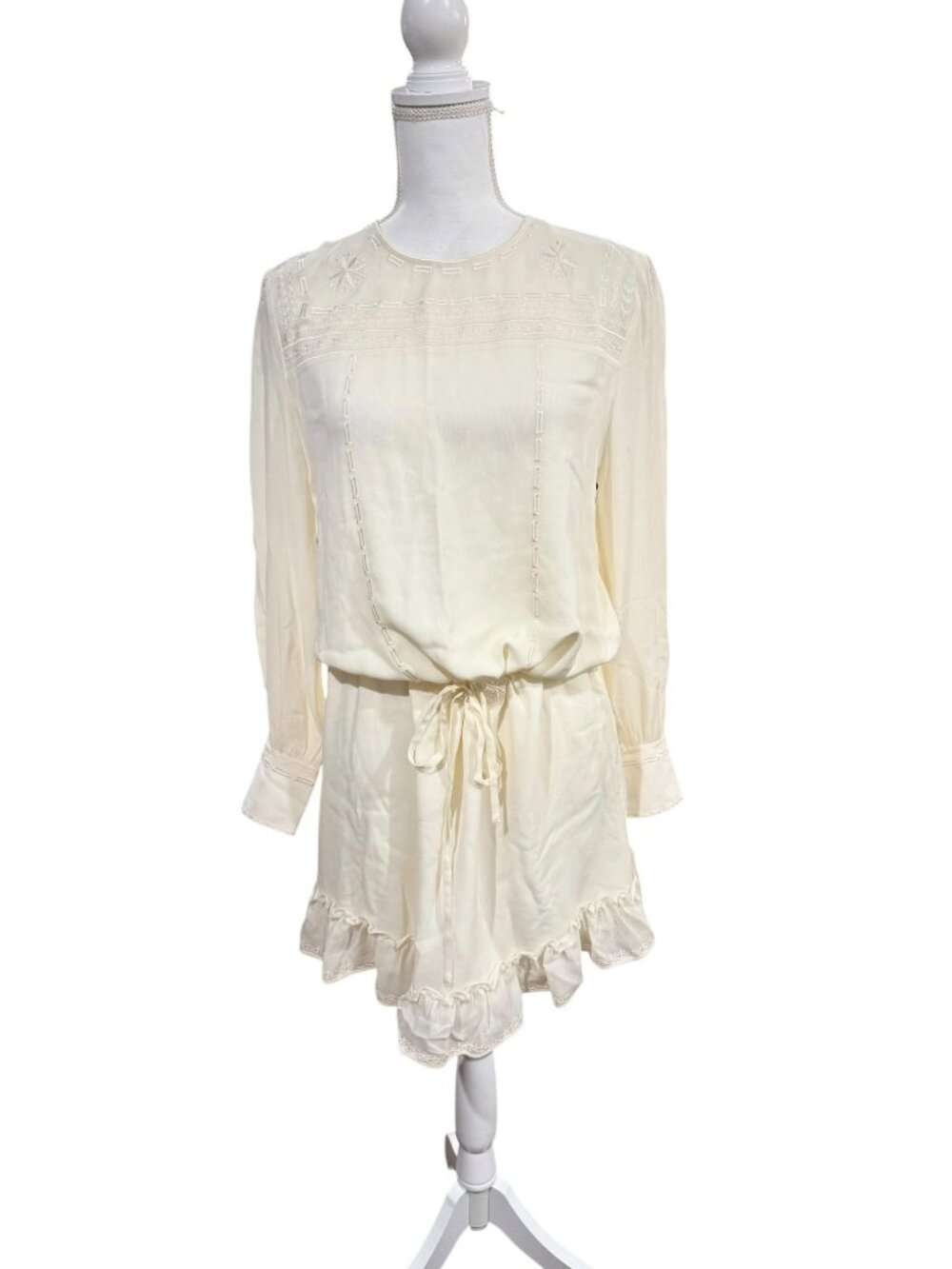 Anine Bing Cream Silk Embroidered Long Sleeve Mini Dress, Size S NWT